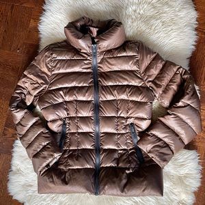 Brown lightweight down puffer jacket large stand collar copper brown warm